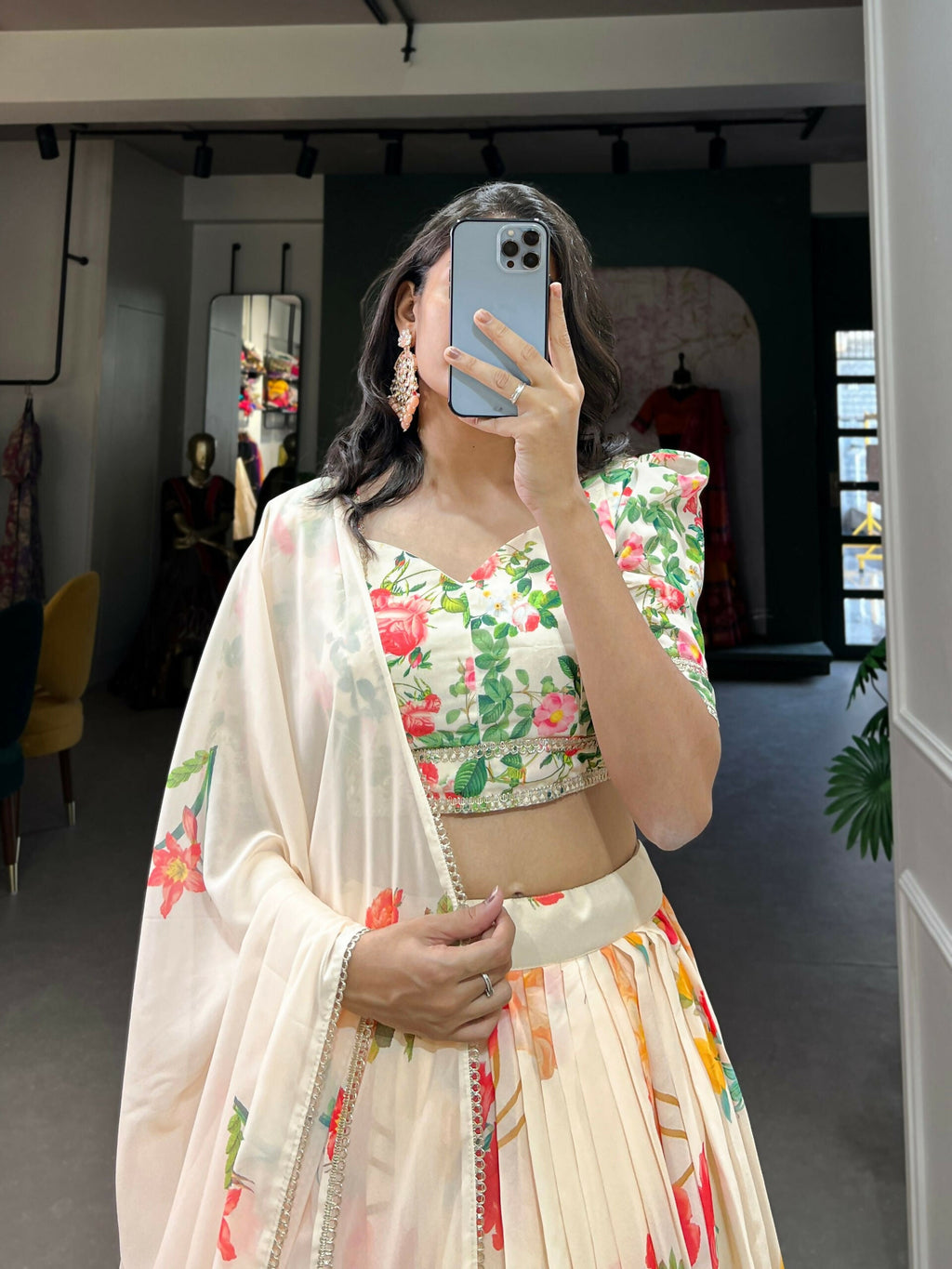 Vastranavya Floral Printed Georgette Lehenga Set With Thread Work Unstitched Choli - Cream | Grocsy