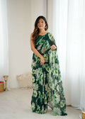 PR Fashion Green Georgette Printed With Mirror Work Saree | Grocsy