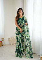 PR Fashion Green Georgette Printed With Mirror Work Saree | Grocsy