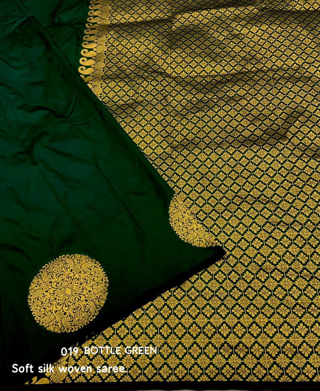 Green Silk Woven Saree with Unstitched Blouse - Hiral Fashion | Grocsy