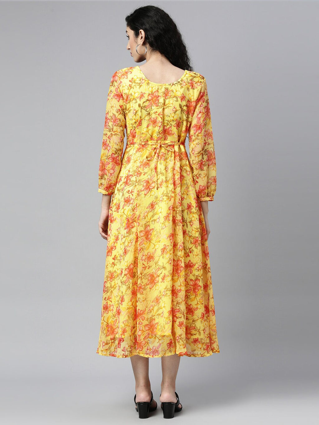 Souchii Yellow Floral Layered Chiffon A-Line Midi Dress | Grocsy