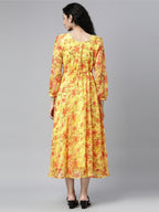Souchii Yellow Floral Layered Chiffon A-Line Midi Dress | Grocsy