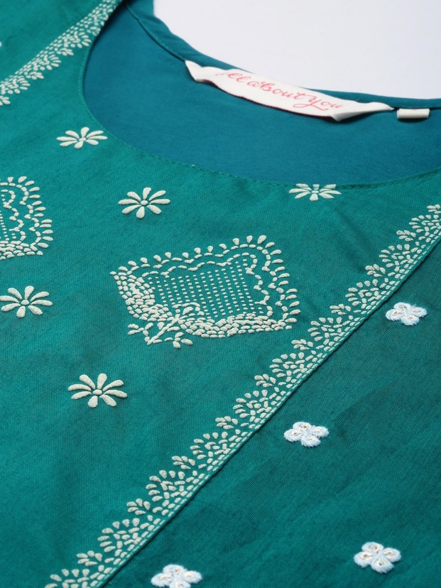 All About You Ethnic Motifs Embroidered Panelled Thread Work Chanderi Silk Kurta Set | Grocsy