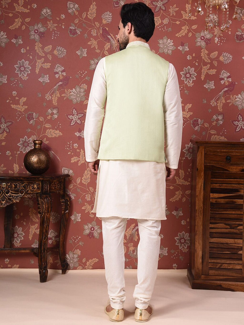 House of Pataudi Straight Kurta With Churidar & Embroidered Nehru Jacket | Grocsy