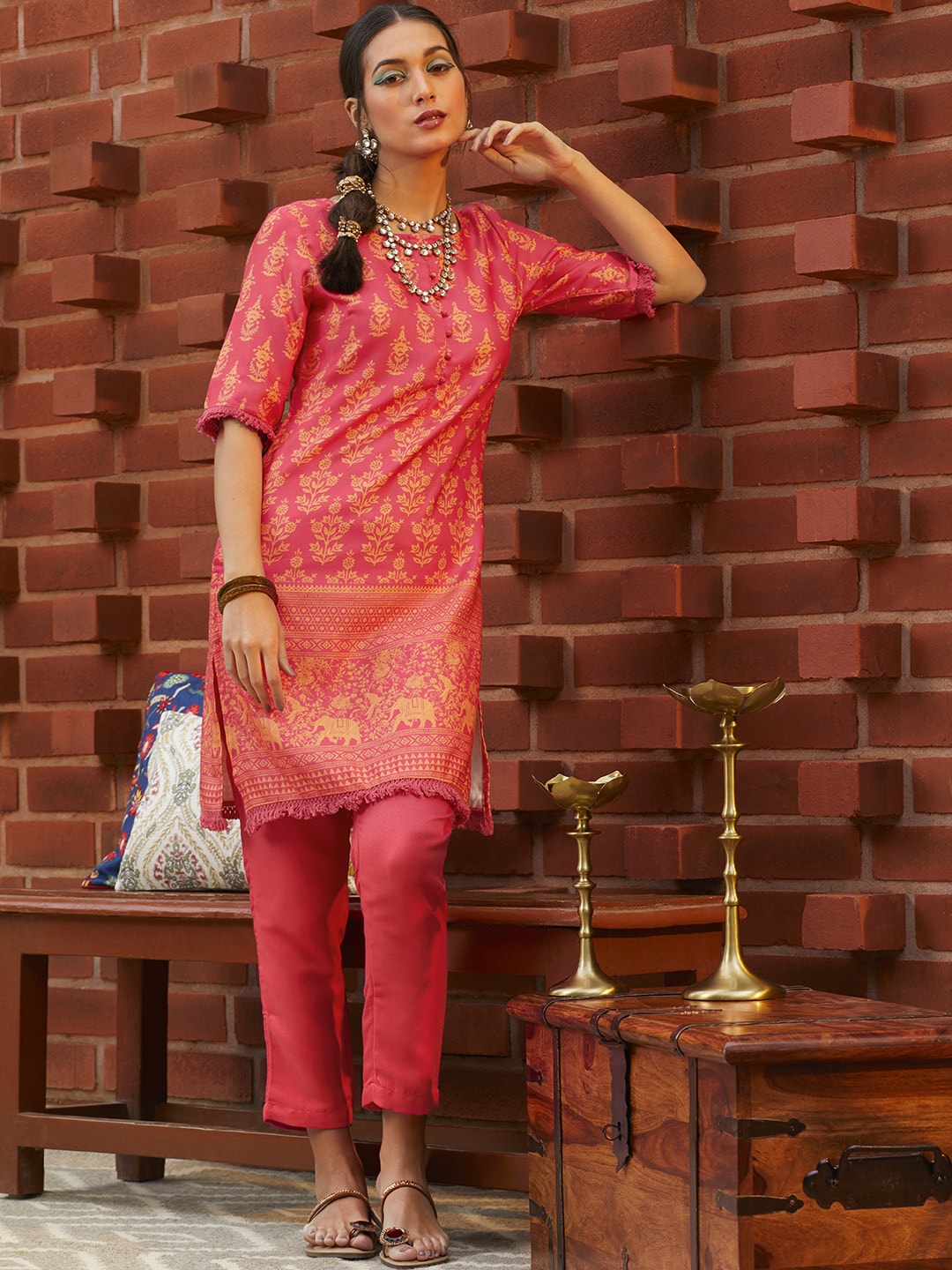 Sangria Women Pink & Yellow Ethnic Motifs Printed Kurta with Trousers | Grocsy