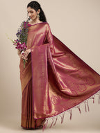 Saree Mall Magenta Ethnic Motifs Zari Silk Blend Banarasi Saree | Grocsy