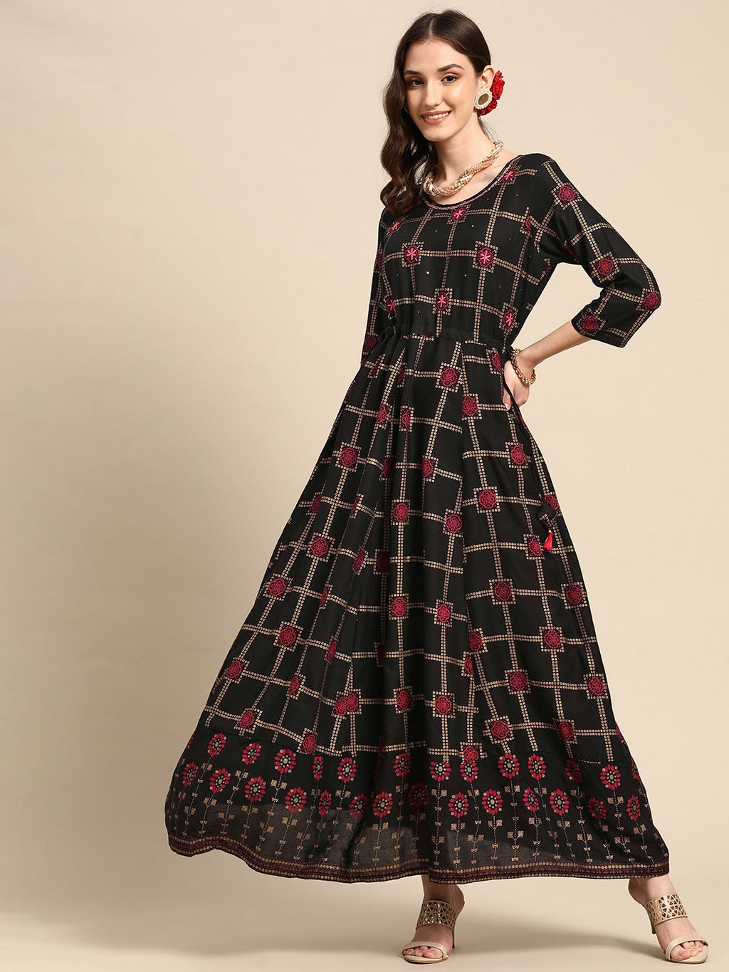 Sangria Women Black Checked Viscose Rayon Anarkali Kurta | Grocsy
