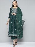 HERE&NOW Women Green & White Ethnic Motifs Embroidered Kurta with Trousers & With Dupatta | Grocsy