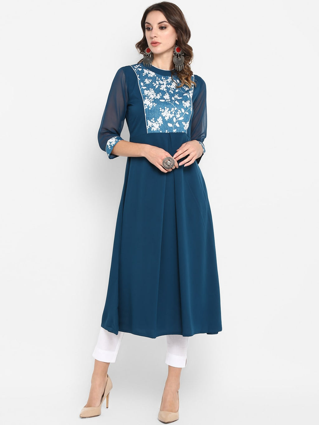 Janasya Women Turquoise Blue Yoke Design Anarkali Kurta | Grocsy