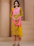 Sangria Yellow & Peach Floral Printed Pure Cotton Straight Kurta With Trousers & Dupatta | Grocsy