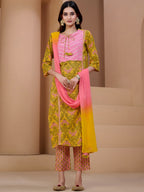 Sangria Yellow & Peach Floral Printed Pure Cotton Straight Kurta With Trousers & Dupatta | Grocsy