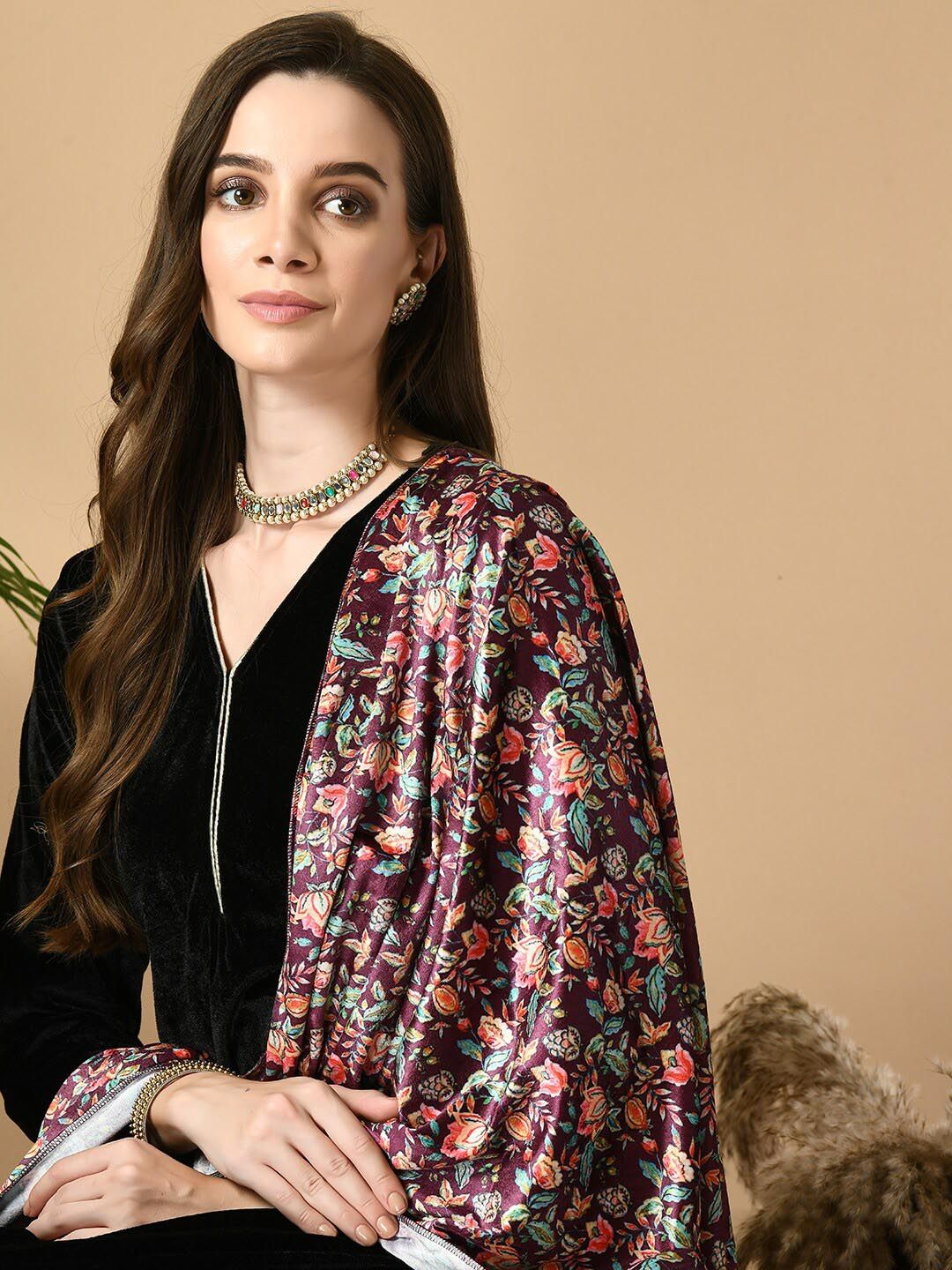 Sangria Maroon V-Neck Straight Velvet Kurta with Trousers With Dupatta | Grocsy