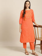 Sangria Women Orange & Yellow Printed Kurta with Trousers | Grocsy