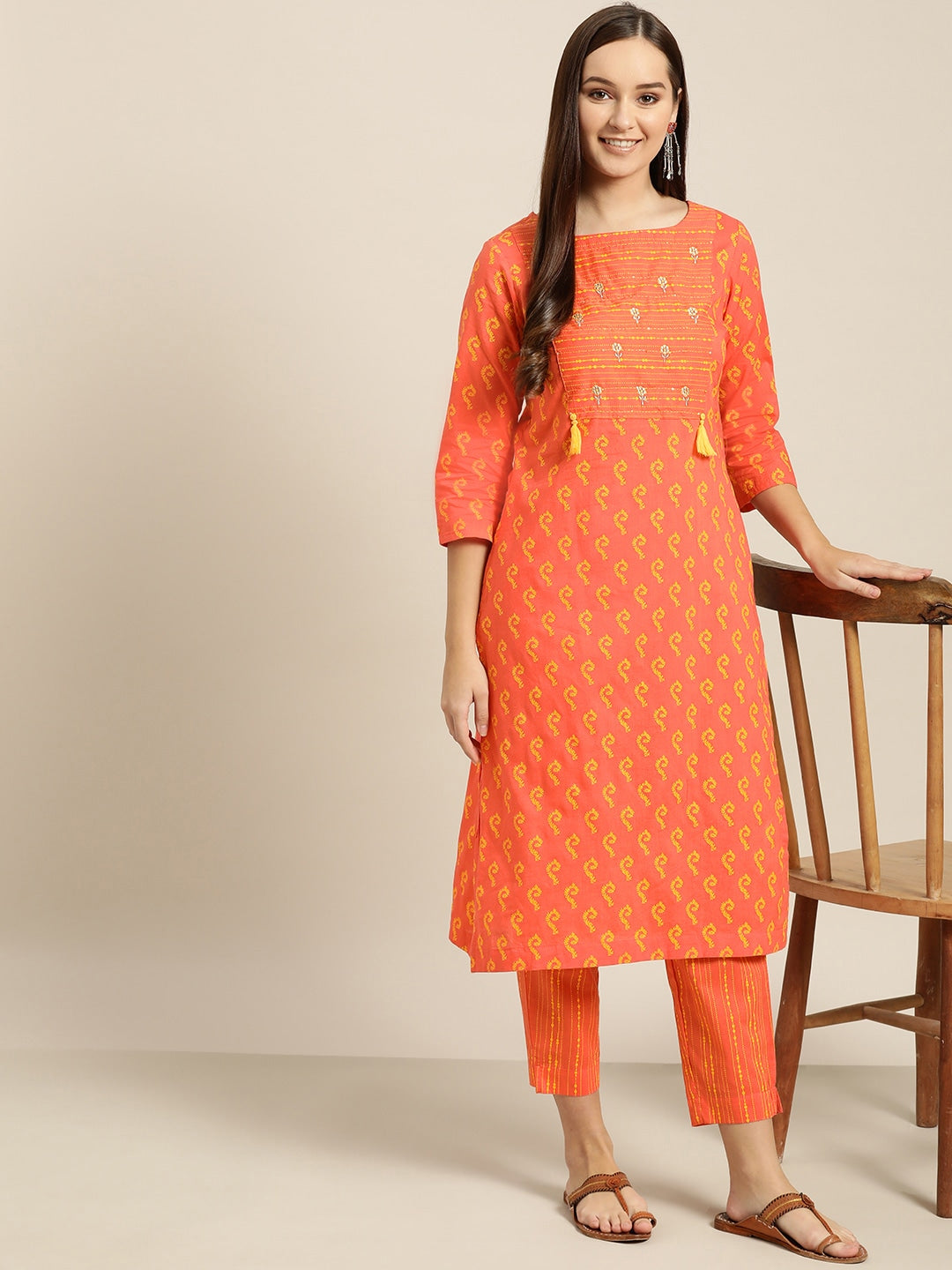 Sangria Women Orange & Yellow Printed Kurta with Trousers | Grocsy
