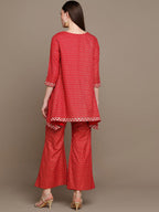 HERE&NOW Embroidered Ethnic Motifs Printed Mirror Work Asymmetric Kurti with Palazzos | Grocsy