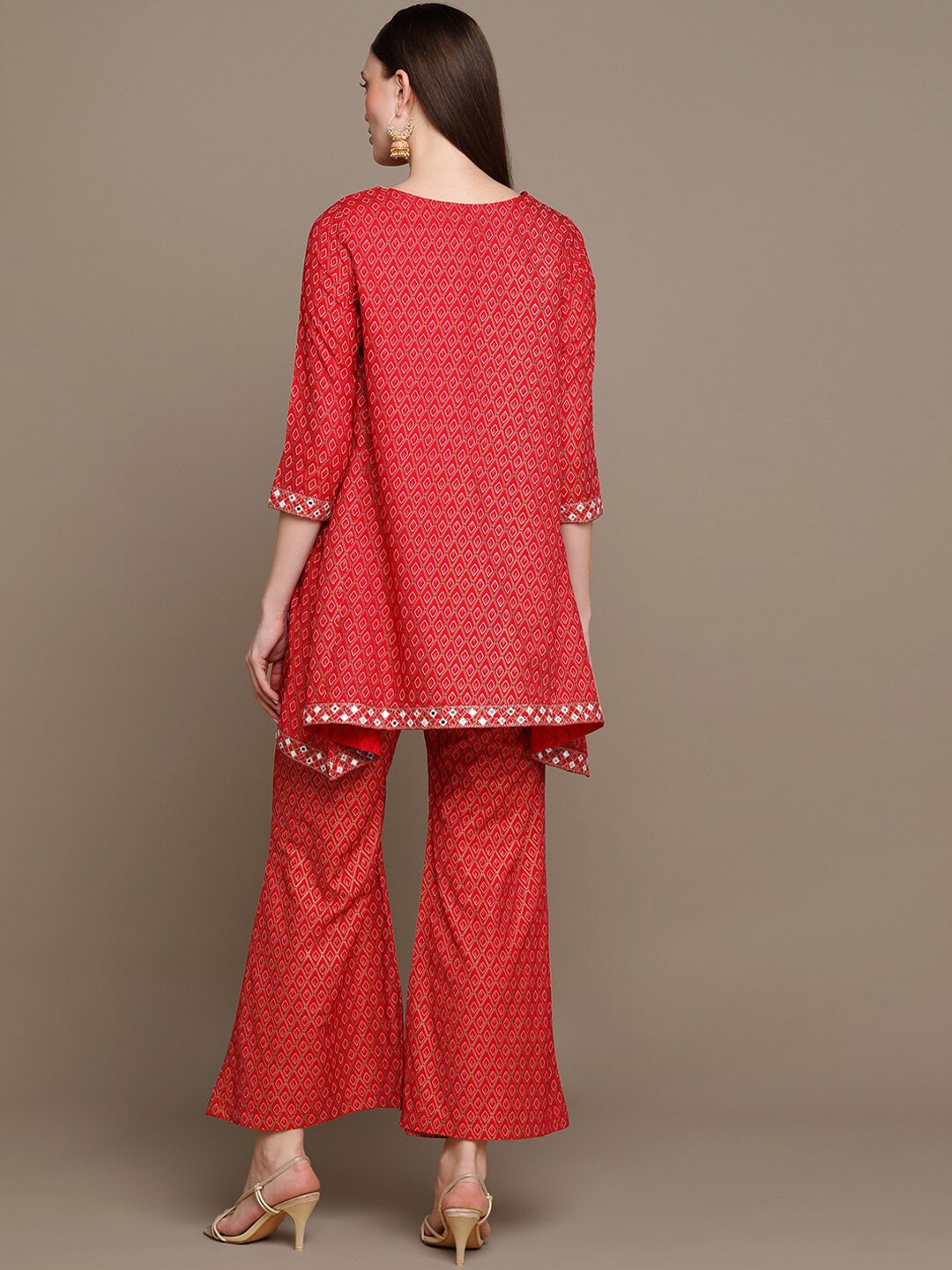 HERE&NOW Embroidered Ethnic Motifs Printed Mirror Work Asymmetric Kurti with Palazzos | Grocsy