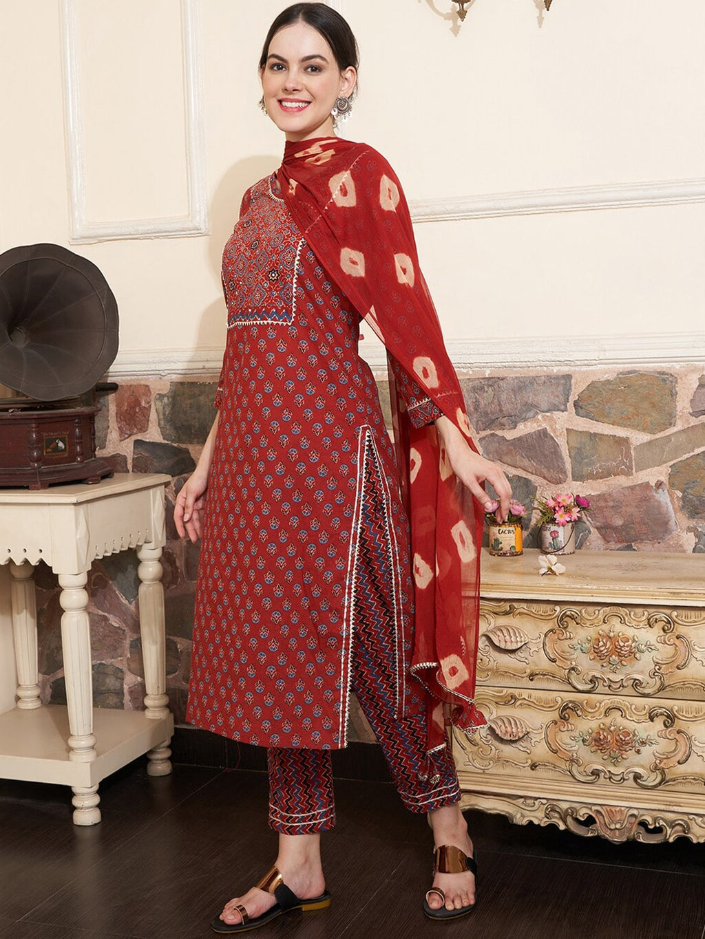 Sangria Maroon Ethnic Motifs Printed Mirror Work Pure Cotton Kurta with Trousers & Dupatta | Grocsy