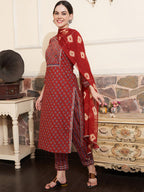 Sangria Maroon Ethnic Motifs Printed Mirror Work Pure Cotton Kurta with Trousers & Dupatta | Grocsy