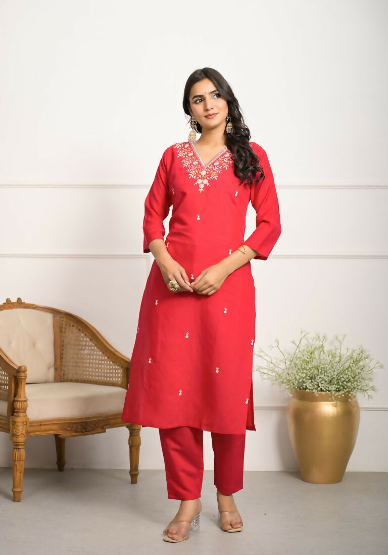 Festive Wear Ethnic Red Viscose Chanderi Stitched Suit With Dupatta - Tanisha | Grocsy