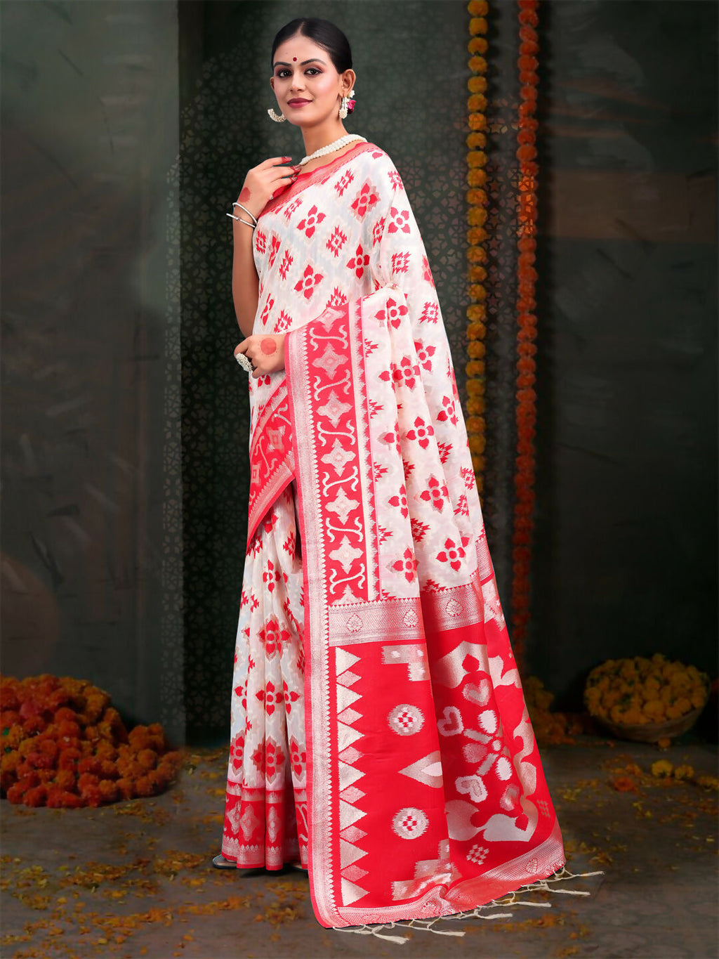 Shree Shyam Fashion Devistuti Red White Linen Cotton Saree | Grocsy