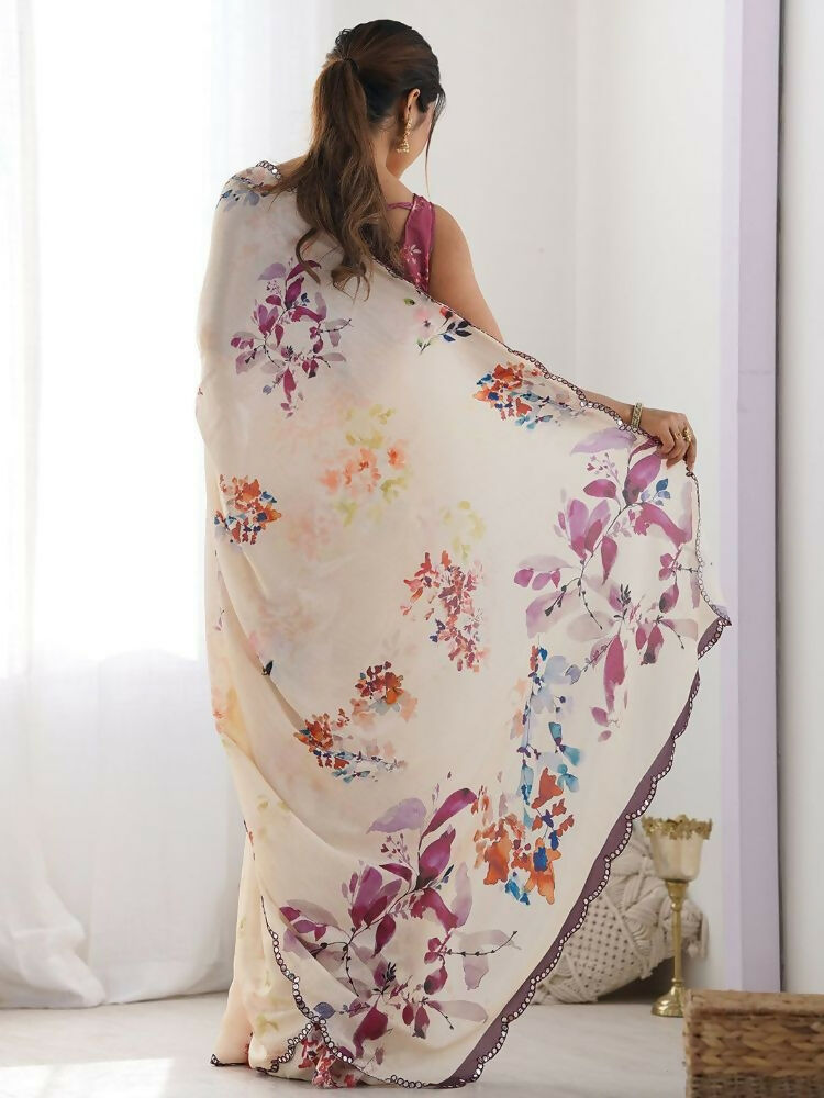 PR Fashion Cream Georgette Digital Print With Mirror Work Saree | Grocsy