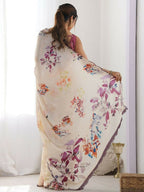 PR Fashion Cream Georgette Digital Print With Mirror Work Saree | Grocsy