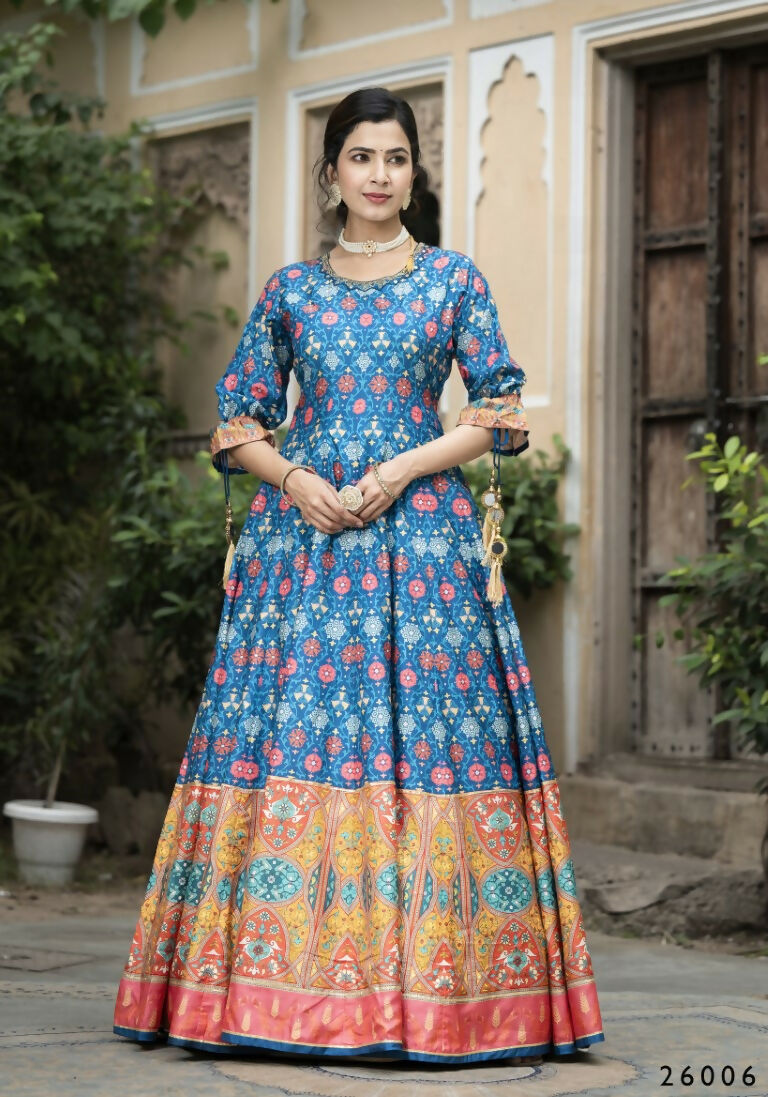 Wedding Designer Blue Soft Dola Silk Anarkali suit with Dupatta - Samanta | Grocsy