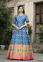Wedding Designer Blue Soft Dola Silk Anarkali suit with Dupatta - Samanta | Grocsy