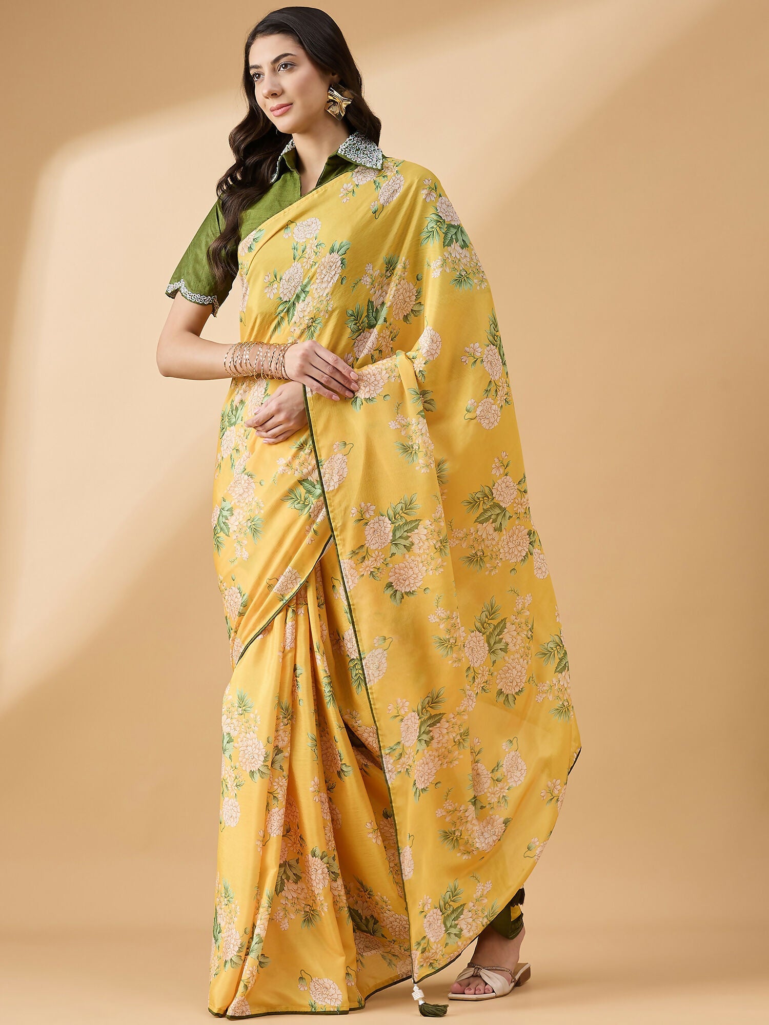 Mustard Chiffon Floral Printed Saree with Stitched Blouse - Dharavi | Grocsy