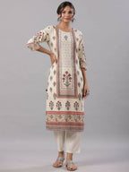 Juniper Women's Beige Cambric Floral Placement Printed Straight Fit Kurta Sets | Grocsy