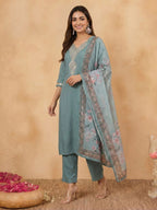 Janasya Sage Straight Rayon Top, Bottom & Dupatta | Grocsy