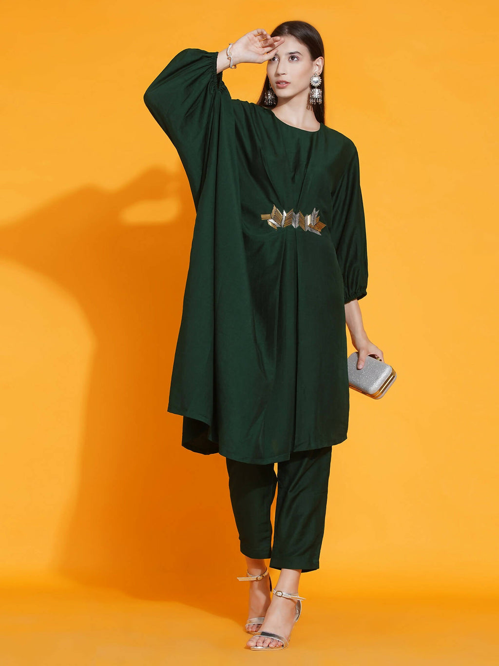 Women Republic Green Fusion Style Kurta With Hand Embellishment And Pants | Grocsy