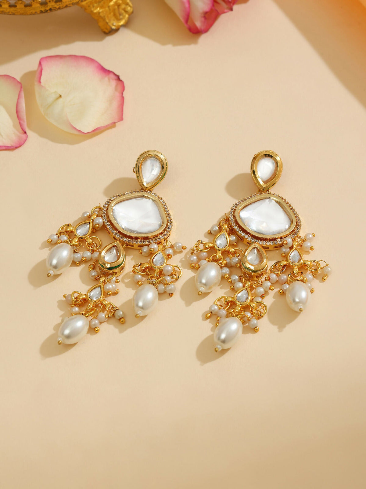 Ruby Raang 22k Gold Polished Kundan Earrings With Pearls | Grocsy