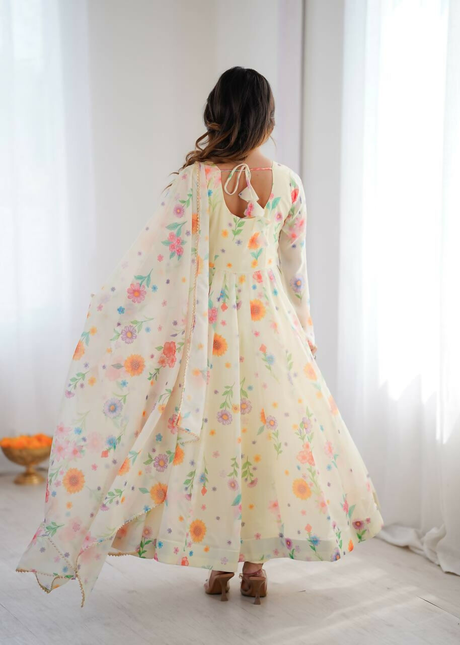 Teeya Creation Off White Soft Organza Digital Printed Party Wear Long Gown | Grocsy