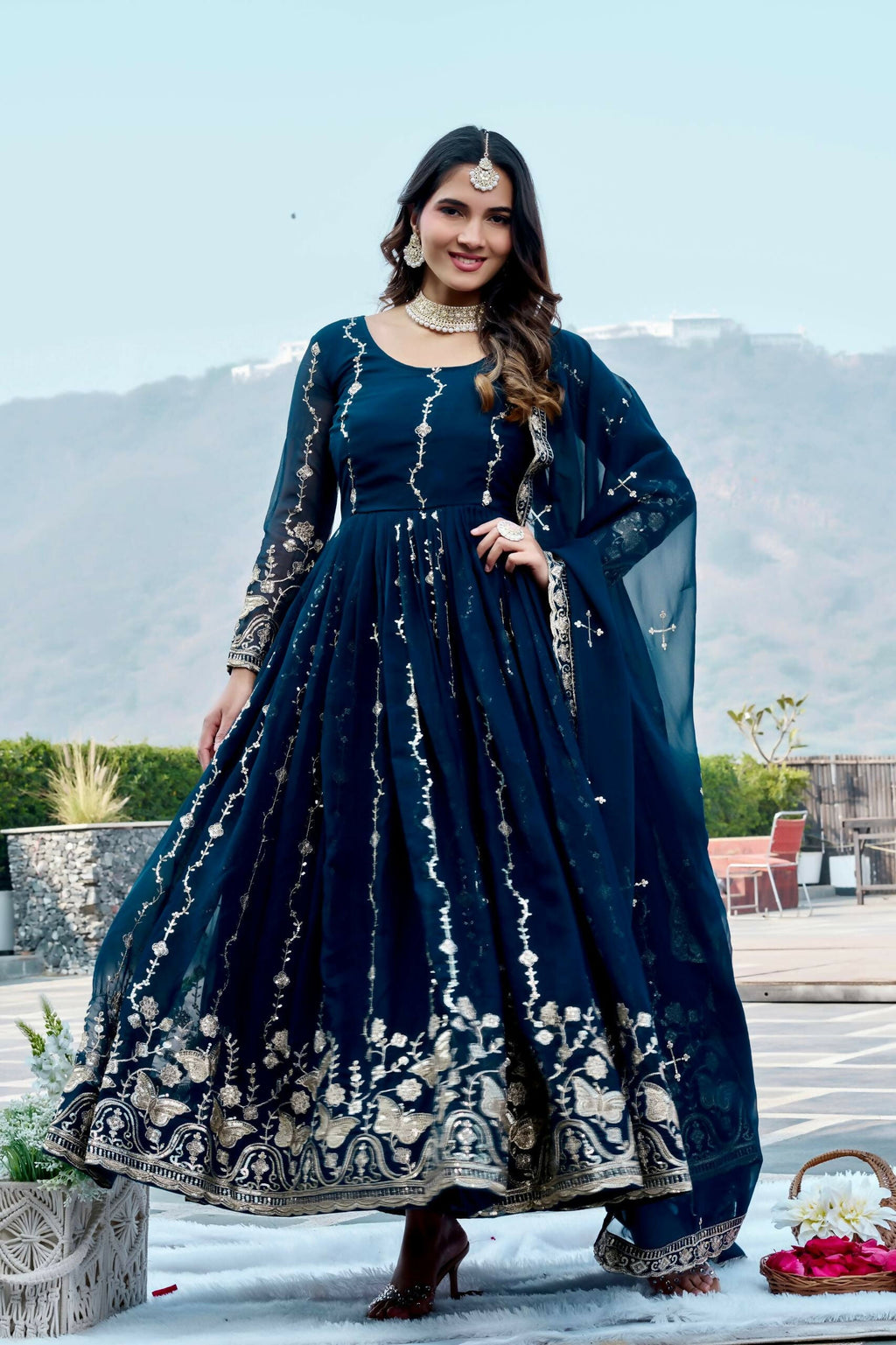 Teeya Creation Womens New Trendy Heavy Cording Sequence & Beads Embroidery Work Teal Gown Set | Grocsy