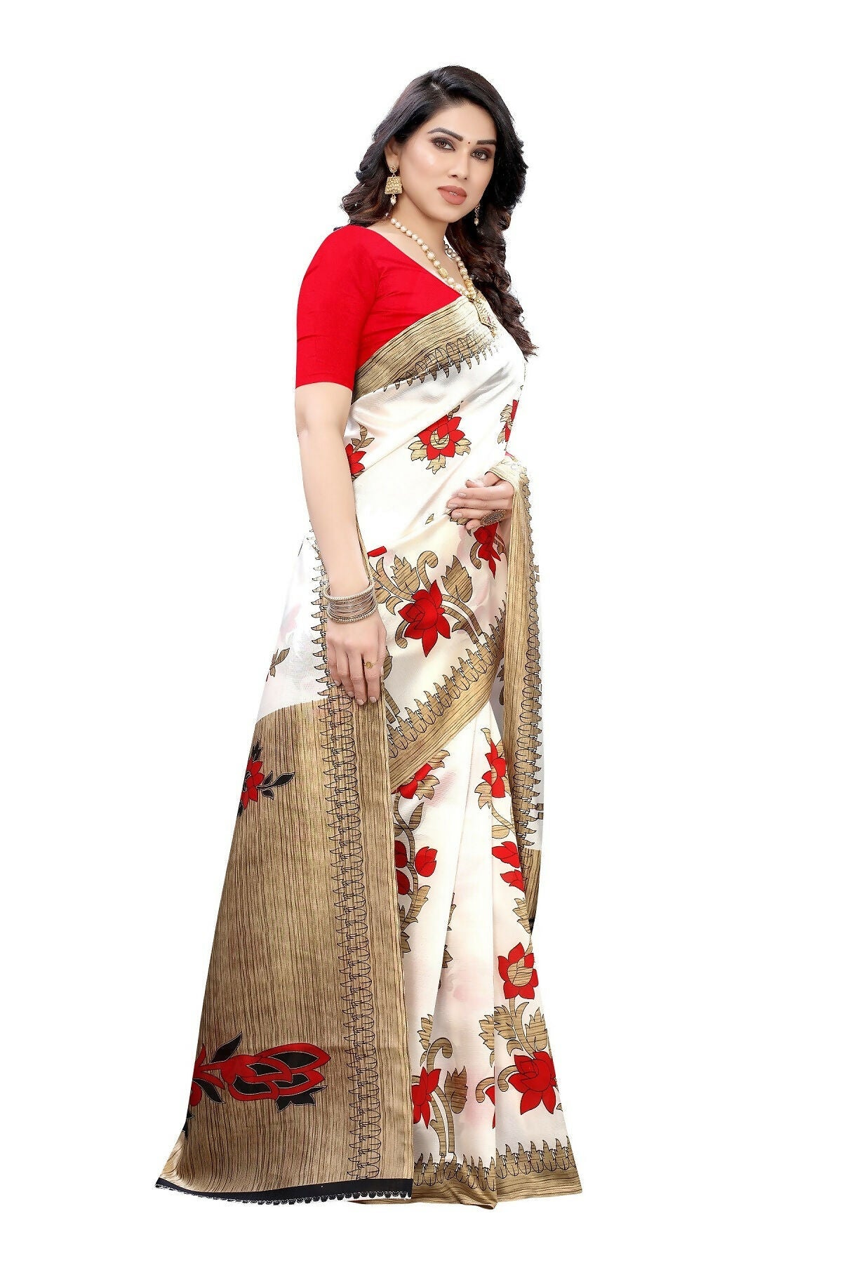Vamika White Printed Art Silk Saree | Grocsy