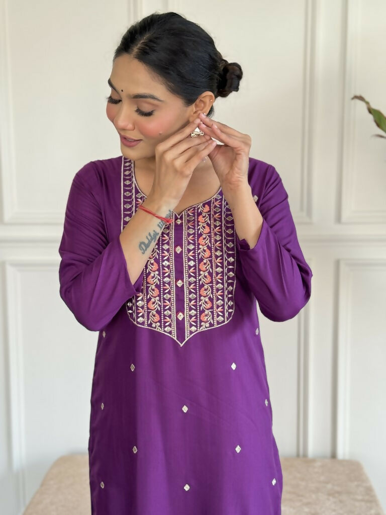Purple Rayon Slub Stitched Suit With Dupatta - Tanisha | Grocsy