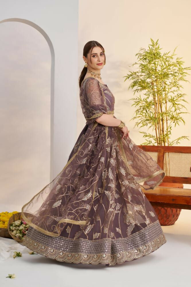 Aastha Fashion Dark Onion Butterfly Net Zari Work And Cotton Thread Work And Sequence Work Embroidery Wedding Wear Lehenga Choli | Grocsy