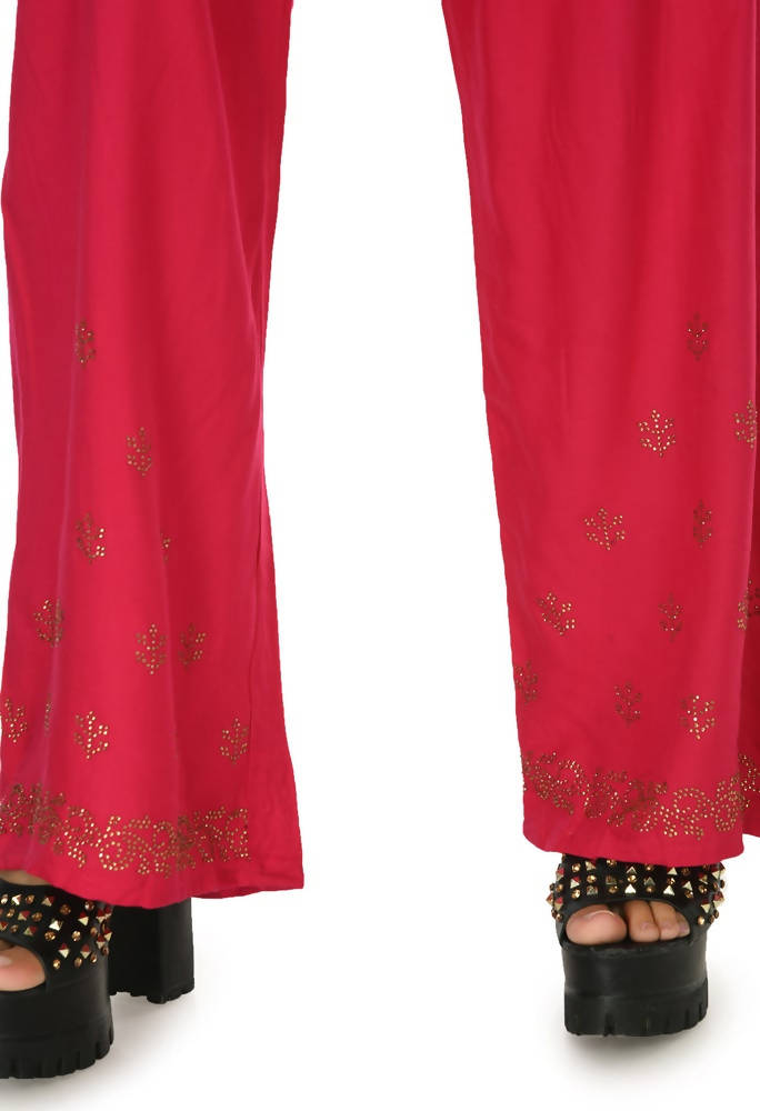 Mominos Fashion Moeza Reyon Cotton Red Color Sirsoki Work Palazzo | Grocsy