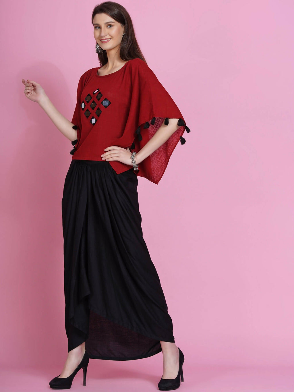 Women Republic Maroon Cotton Kaftan With Dhoti | Grocsy