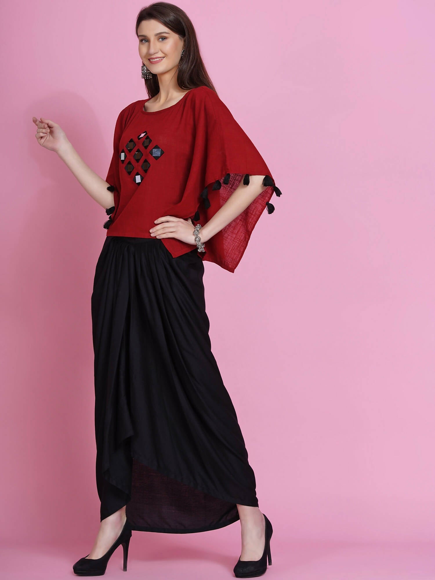 Women Republic Maroon Cotton Kaftan With Dhoti | Grocsy