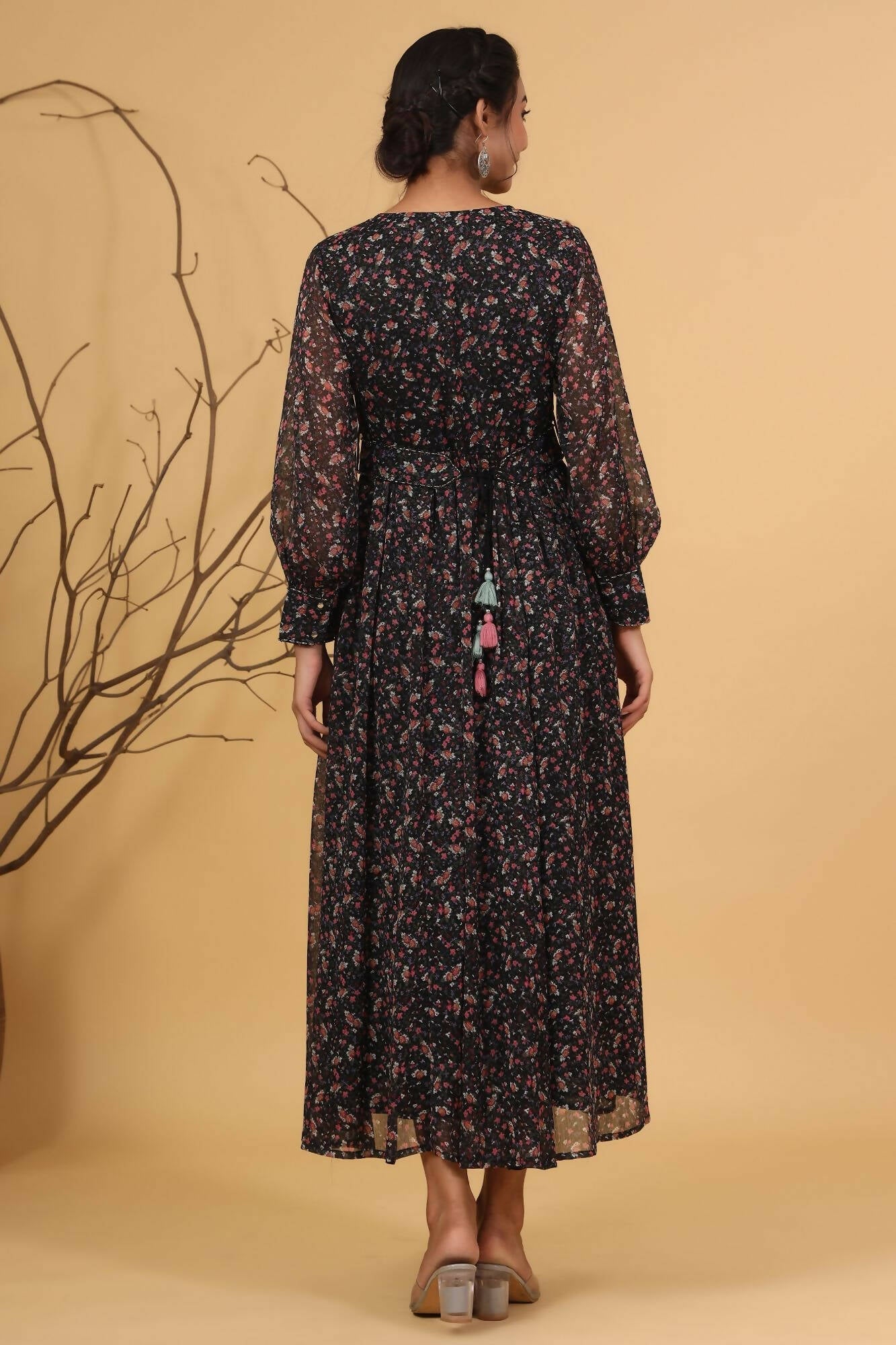 Juniper Women Navy Chiffon Printed Flared Dress | Grocsy