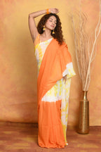 Very Much Indian Tie & Dye Handloom Mul Cotton Saree - Orange Yellow | Grocsy