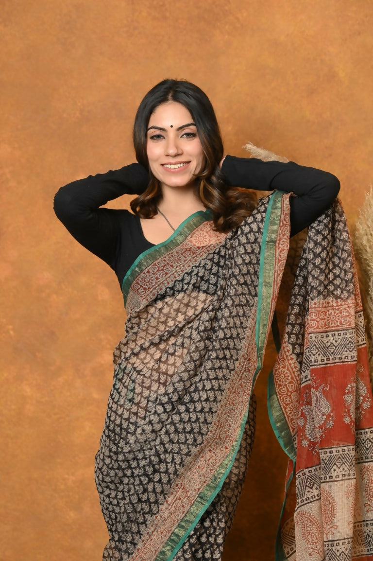 Very Much Indian Handloom Pure Kota Cotton Handblock Printed Saree - Cerulean Print | Grocsy