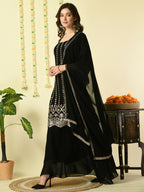Myshka Women's Black Georgette Kurta & Skirt With Dupatta Party Sets | Grocsy