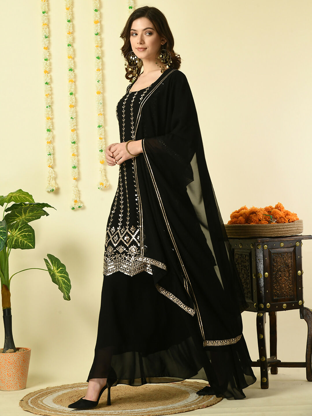 Myshka Women's Black Georgette Kurta & Skirt With Dupatta Party Sets | Grocsy