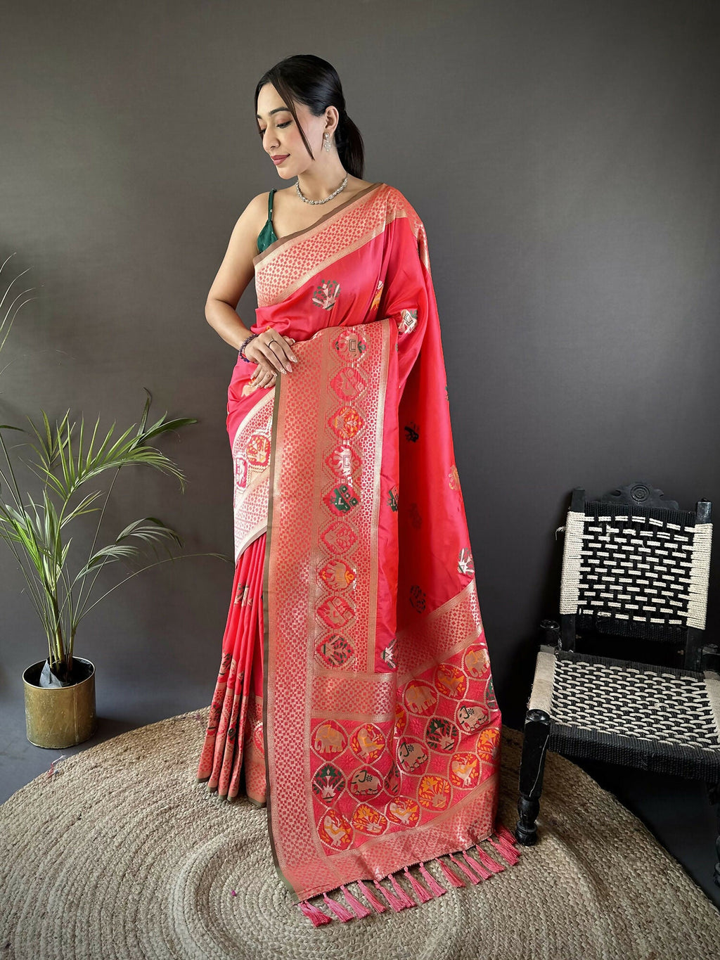 Joban Fashion Peach Elephant & Floral Motifs Soft Lichi Silk Banarasi Saree | Grocsy