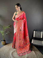 Joban Fashion Peach Elephant & Floral Motifs Soft Lichi Silk Banarasi Saree | Grocsy