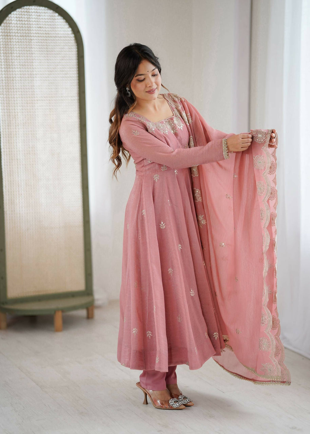 Teeya Creation Peach Color Crunchy Silk Embroidery Work Wedding Wear Gown | Grocsy