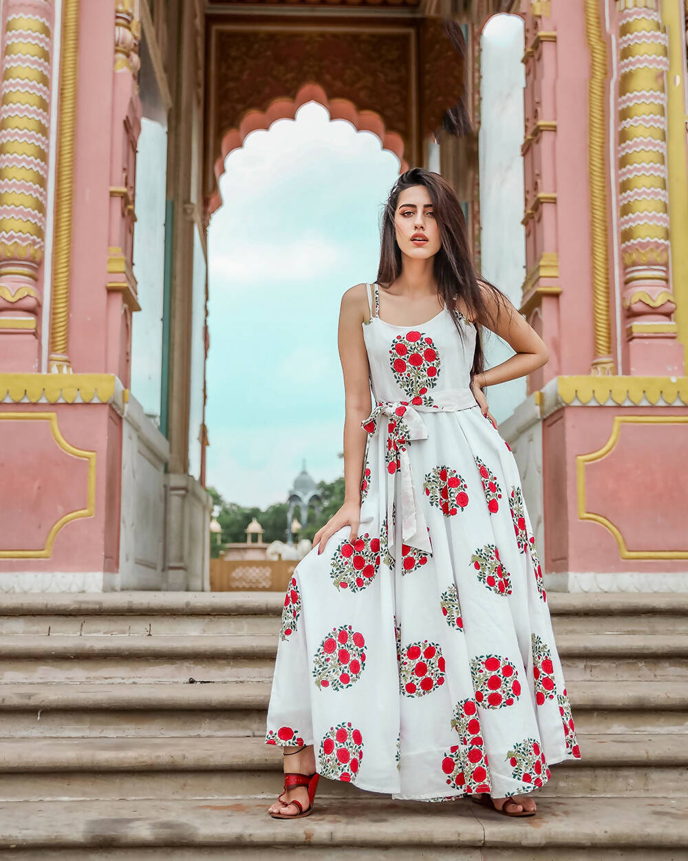 Designer Partywear Printed White Pure Maslin Gown - Anbazaar | Grocsy